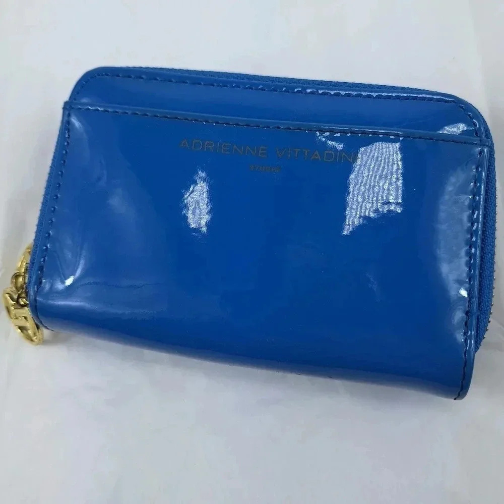 Adrienne Vittadini Bifold Blue Patent Leather with Gold Colored Zippers Wallet